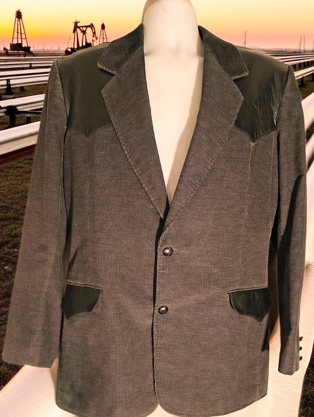Men's Charcoal Gray Corduroy & Black Leather Western Blazer 48R Pioneer Wear Vtg